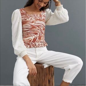 NWT Anthropologie Love The Label Smocked Puff-Sleeve Blouse